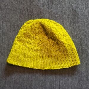 Hand knitted diamond pattern bright yellow /g green winter beanie